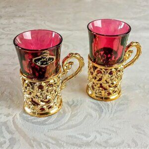 Jay Companies Italian Cranberry Glass in Gold Cups